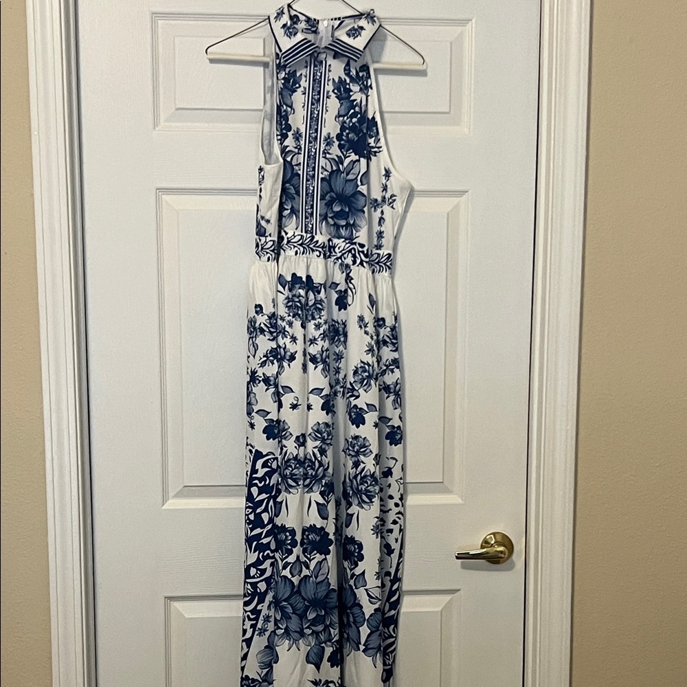 Floral Halter Maxi Dress in Blue and White